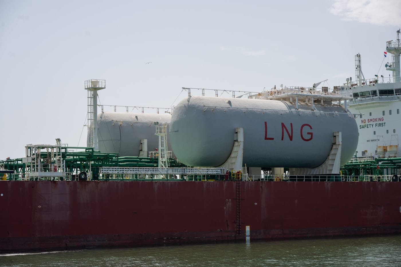 Large lng tanks on a cargo ship