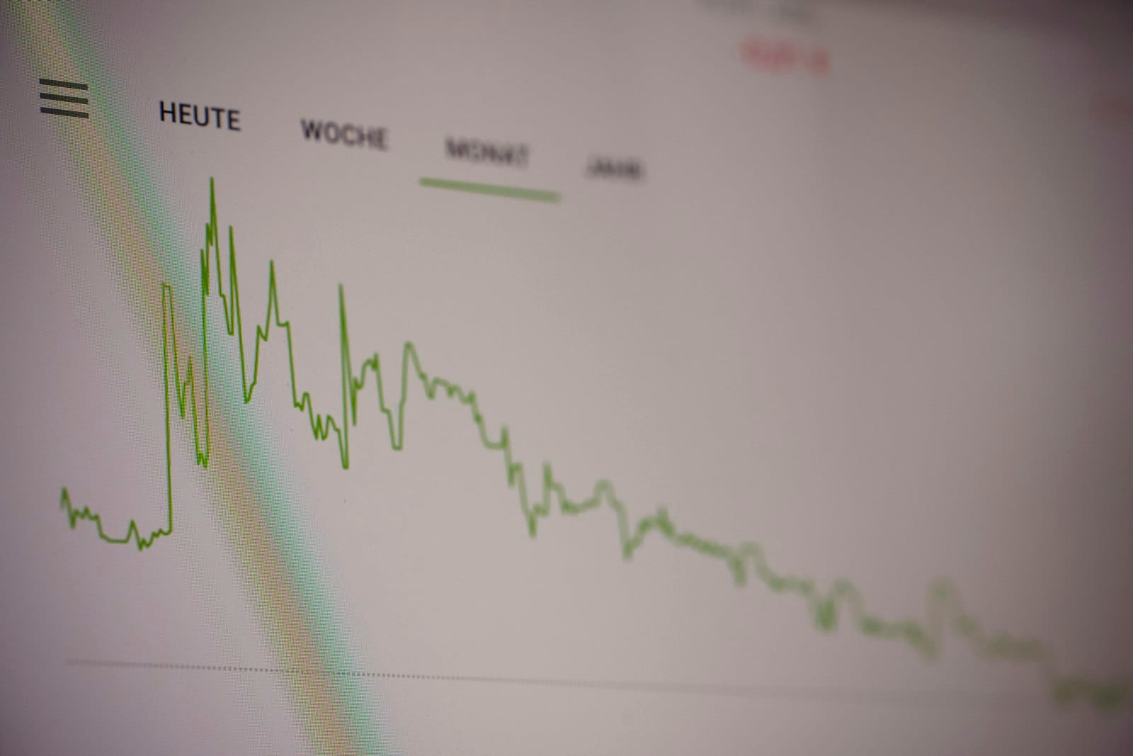A green line graph showing stock market trends on a digital screen